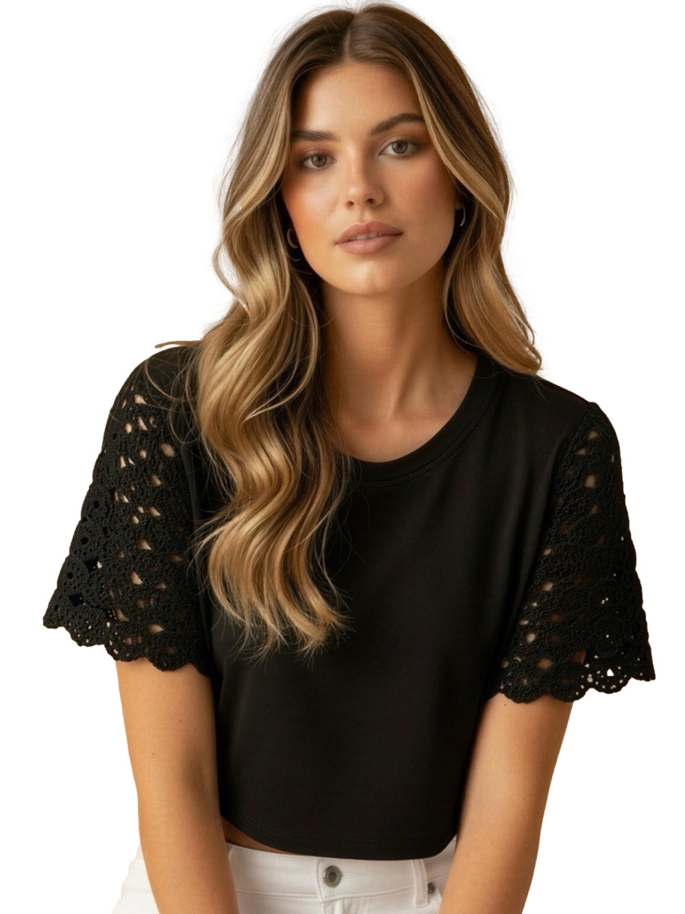 Joie 100% Black Crochet Sleeve Women's Tee Size L NWT